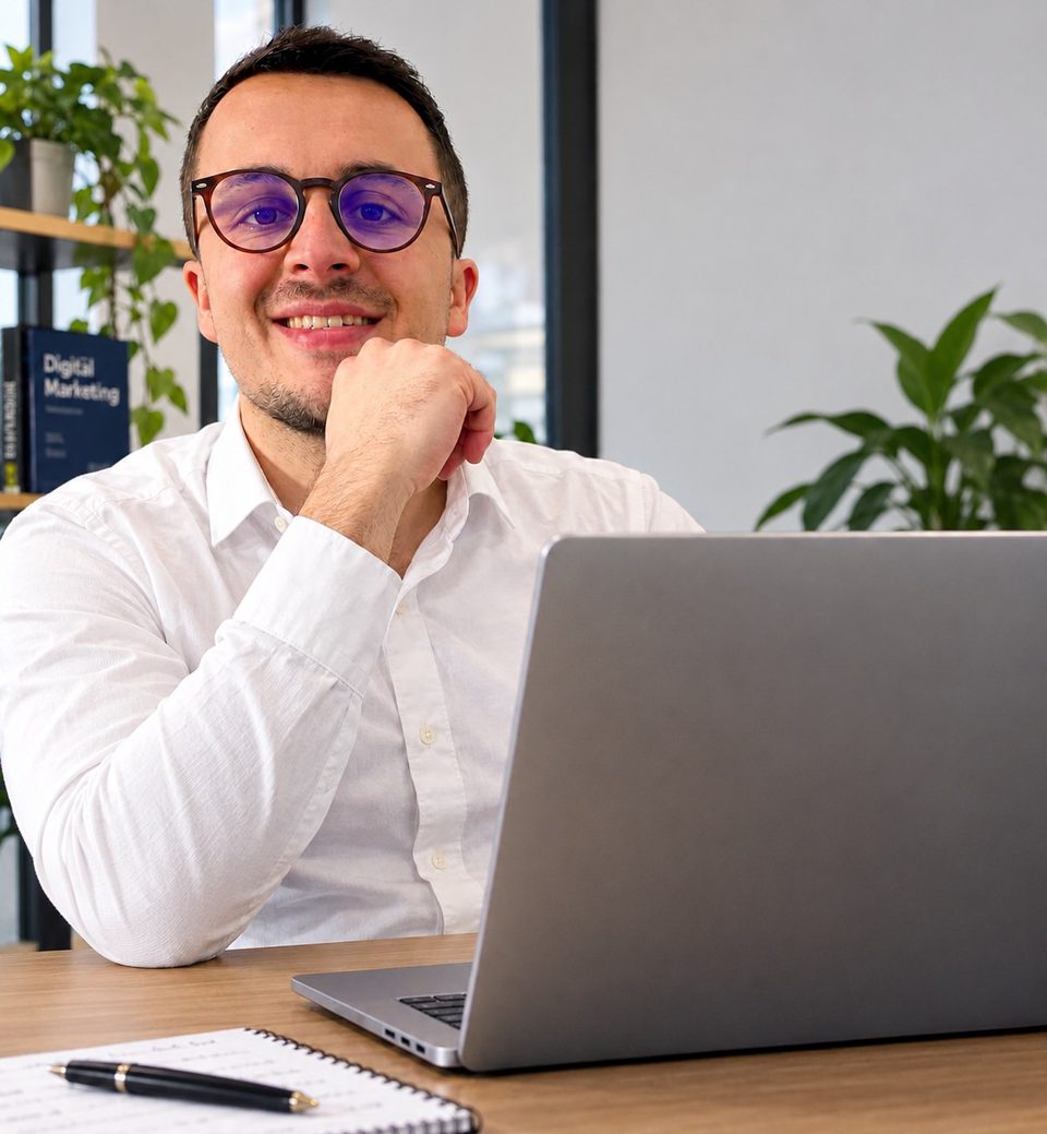 Paul Moure, consultant CRO e-commerce freelance, souriant devant son ordinateur